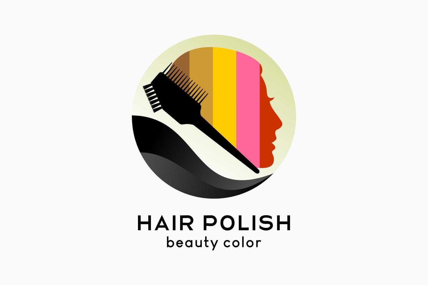 conception de logo de vernis à cheveux ou couleur de cheveux, silhouette de peigne combinée avec le visage d'une femme avec un concept coloré dans un cercle vecteur