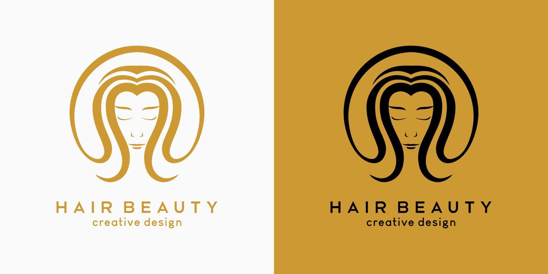 création de logo de salon de coiffure, beauté des cheveux ou soin des cheveux, visage de femme avec des cheveux dans le concept dessiné à la main en cercle vecteur