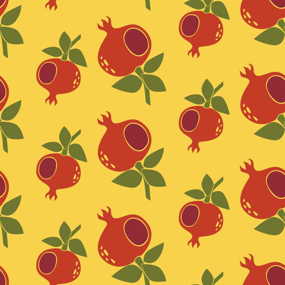 abstrait boho grenade rouge vert motif harmonieux sur fond jaune fruits dessinés à la main pour le design textile, la décoration intérieure, les enfants, les couvertures, l'affiche, l'illustration vectorielle de la carte vecteur