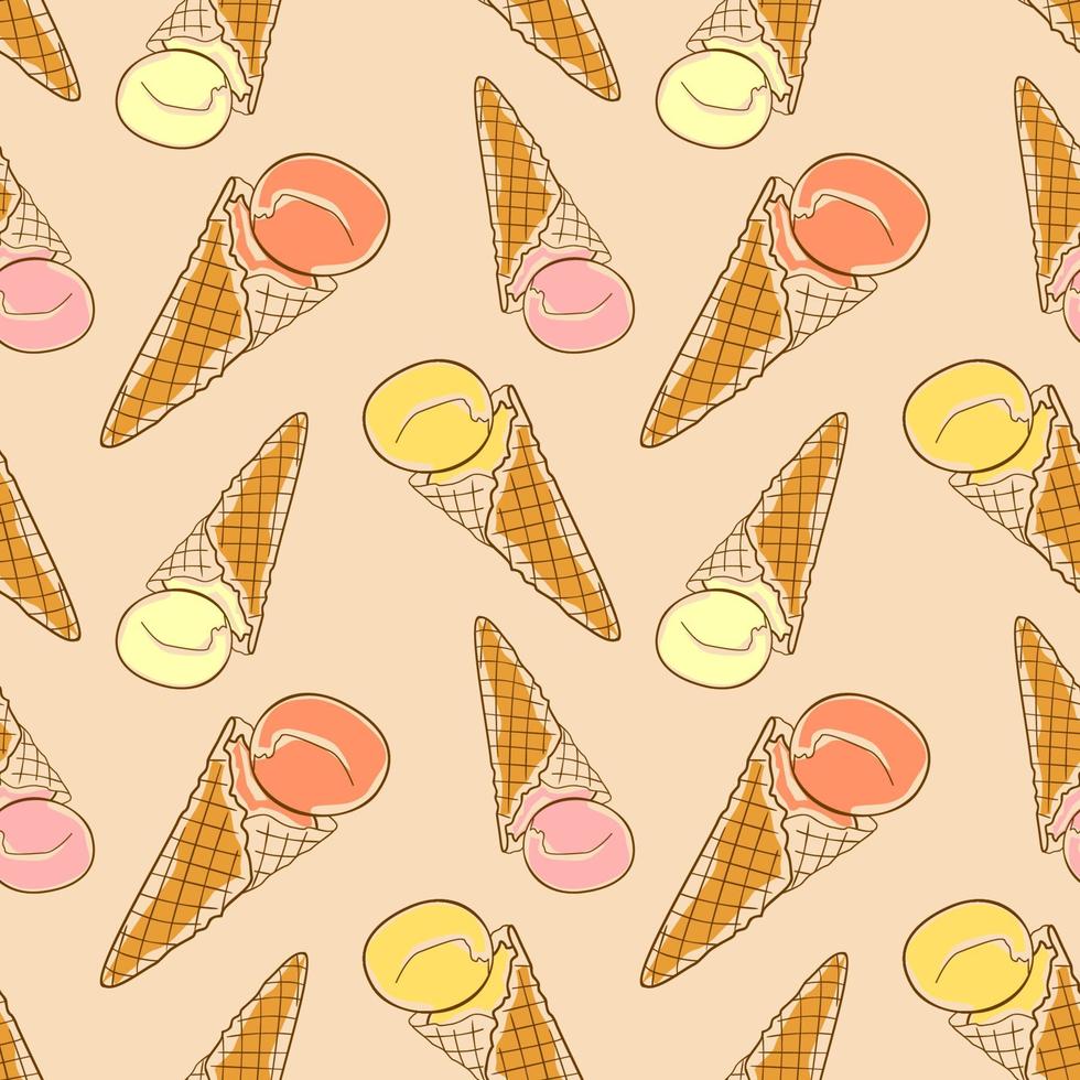 crème glacée dans un cône de gaufre modèle sans couture dessin à la main contour et illustration de couleurs vecteur