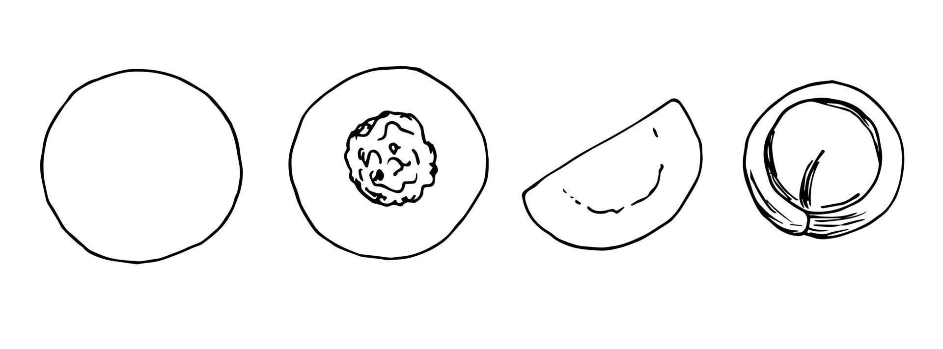 croquis à l'encre vectorielle simple. préparation étape par étape des boulettes. recette, menu, cuisine. cuisine nationale, produit de pâte. contour noir sur fond blanc. vecteur