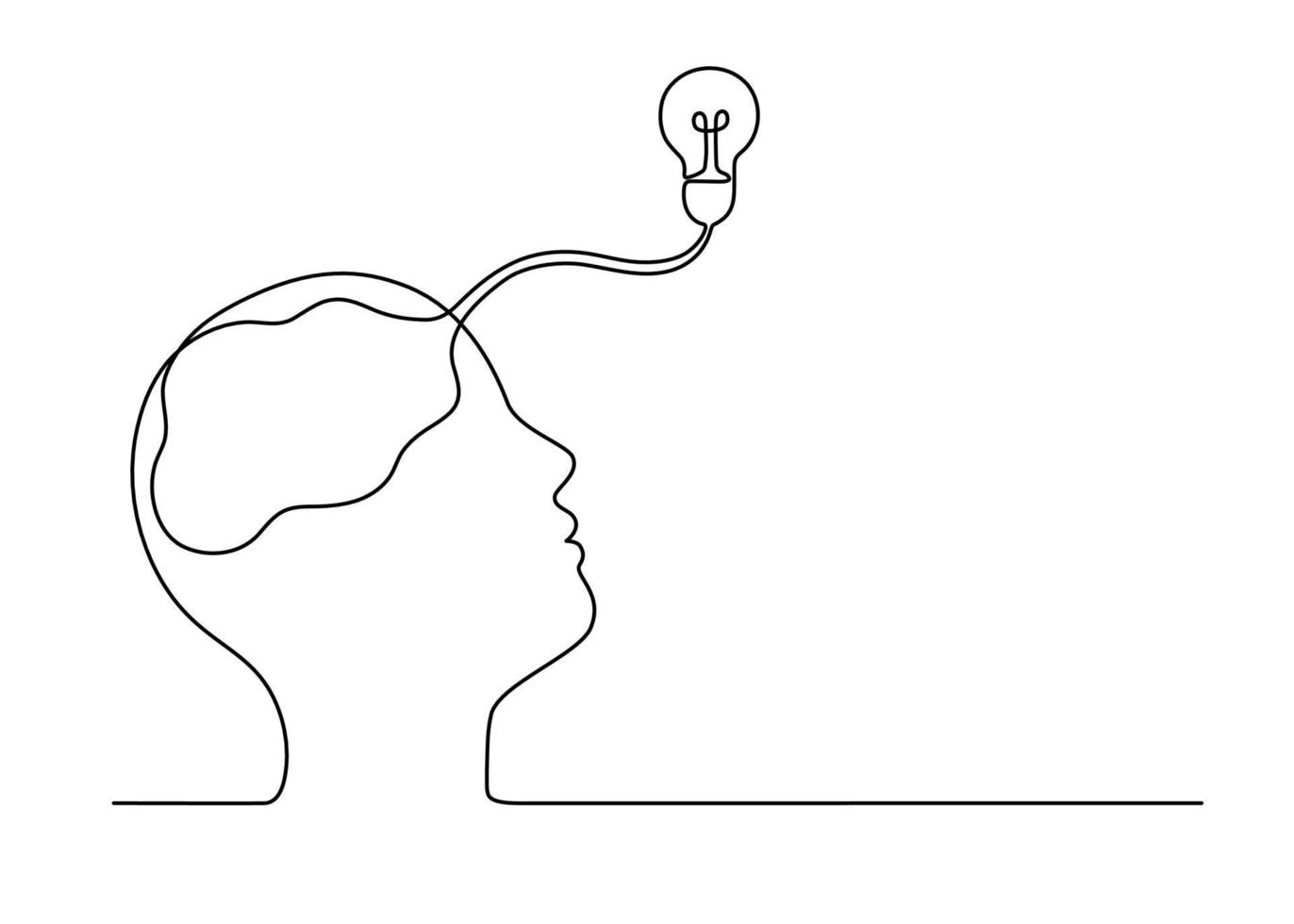 pensée d'homme et idée d'esprit d'imagination avec ampoule dans sa tête et son cerveau, dessin continu d'une seule ligne. pouvoir penser, créatif, solution, succès, concept d'éducation. contour de vecteur