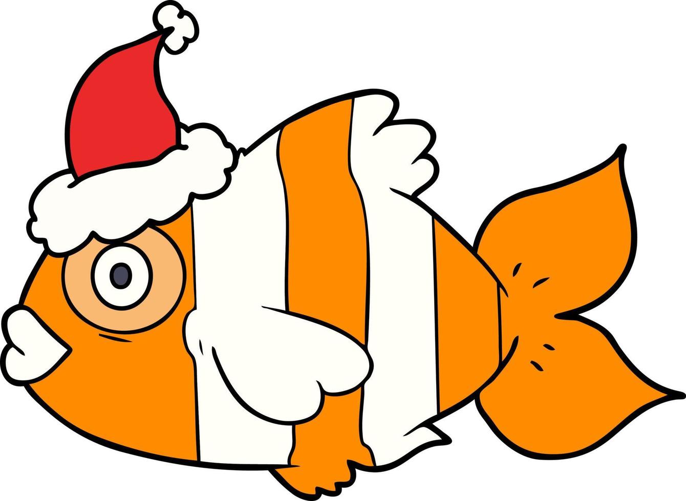 dessin au trait d'un poisson exotique portant un bonnet de noel vecteur