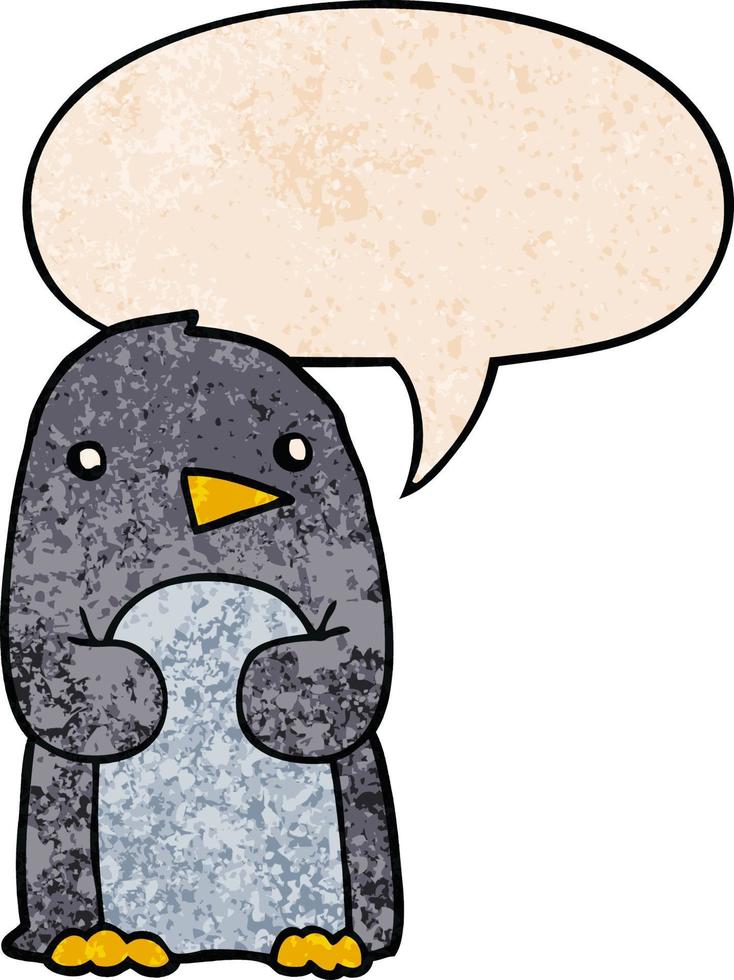 pingouin de dessin animé et bulle de dialogue dans un style de texture rétro vecteur