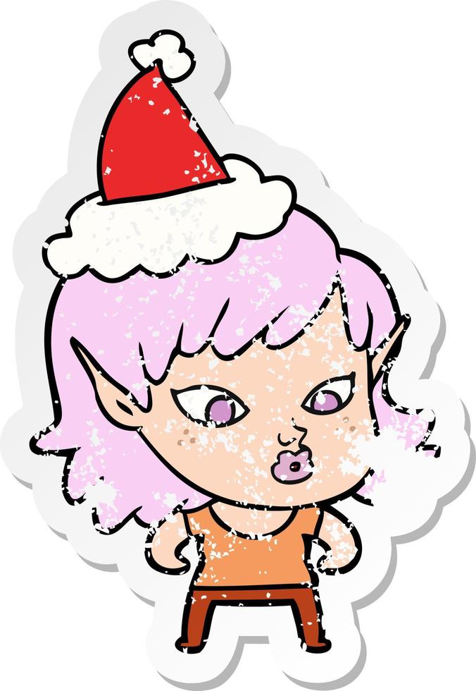 joli dessin animé autocollant en détresse d'une fille elfe portant un bonnet de noel vecteur