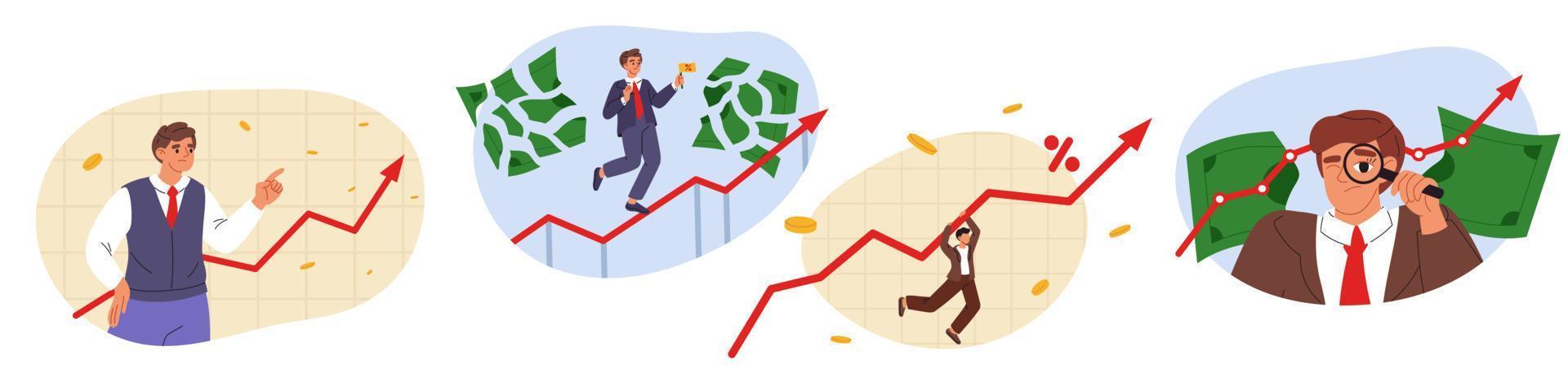 ensemble d'économie. inflation élevée. économie ou concept de prêt. dépréciation de l'argent. économiste et graphique de croissance de l'inflation. la hausse des prix des aliments et des prix des produits d'épicerie. concept d'inflation et d'impôt vecteur