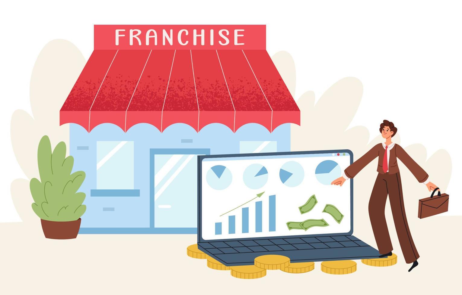 homme d'affaires vend une franchise. vente et achat de franchise. réussite financière. système de franchise. illustration vectorielle graphique plat vecteur