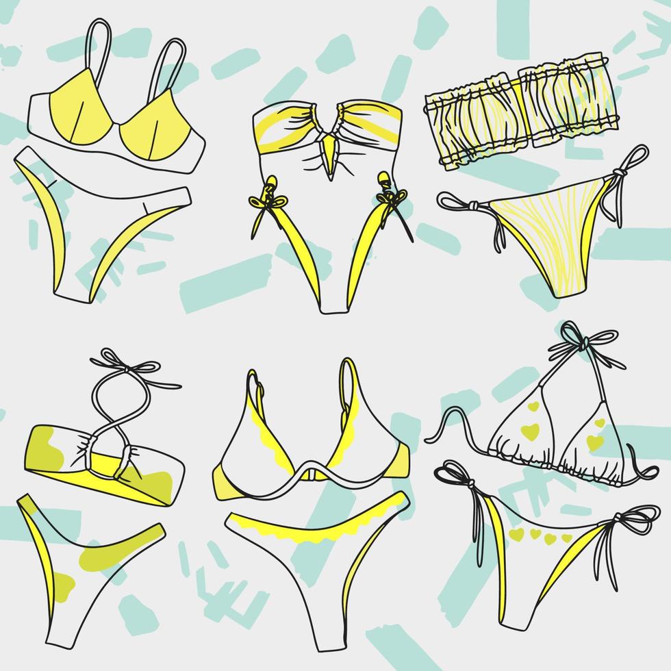 mode filles maillots de bain de plage, ensemble de couleurs mélangées couture jaune, croquis de griffonnage vecteur