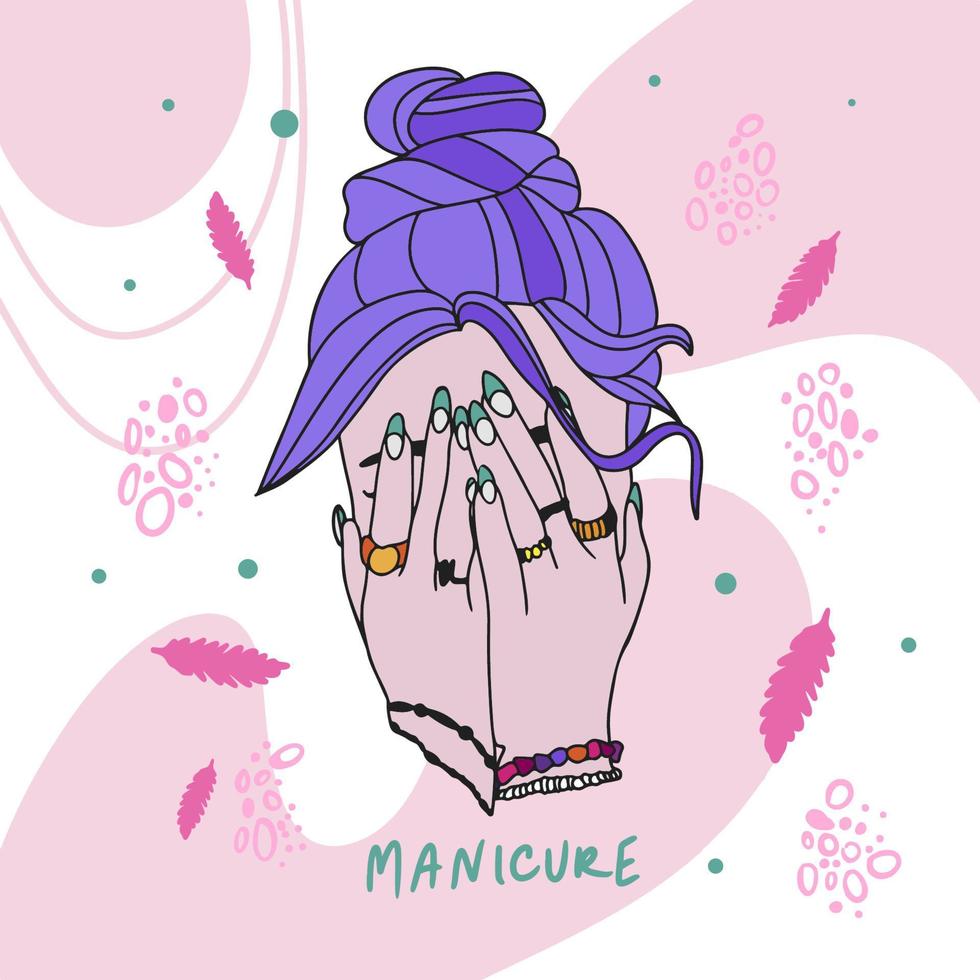 fille avec des ongles à la mode, manucure, conception d'ongles vecteur