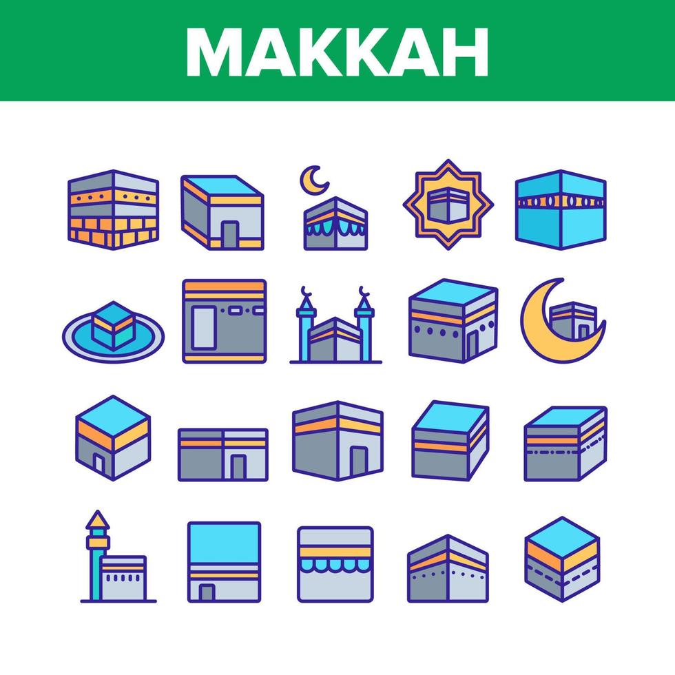 La Mecque Islamique Bâtiment Religieux Icons Set Vector