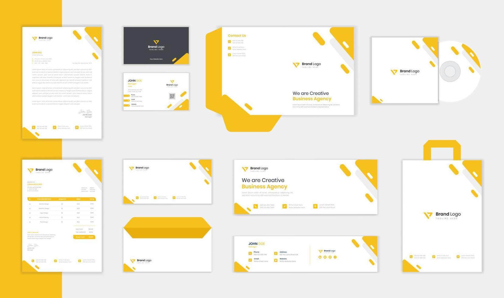 conception de papeterie d'entreprise de couleur jaune sertie de papier à en-tête, facture, enveloppe et carte de visite vecteur