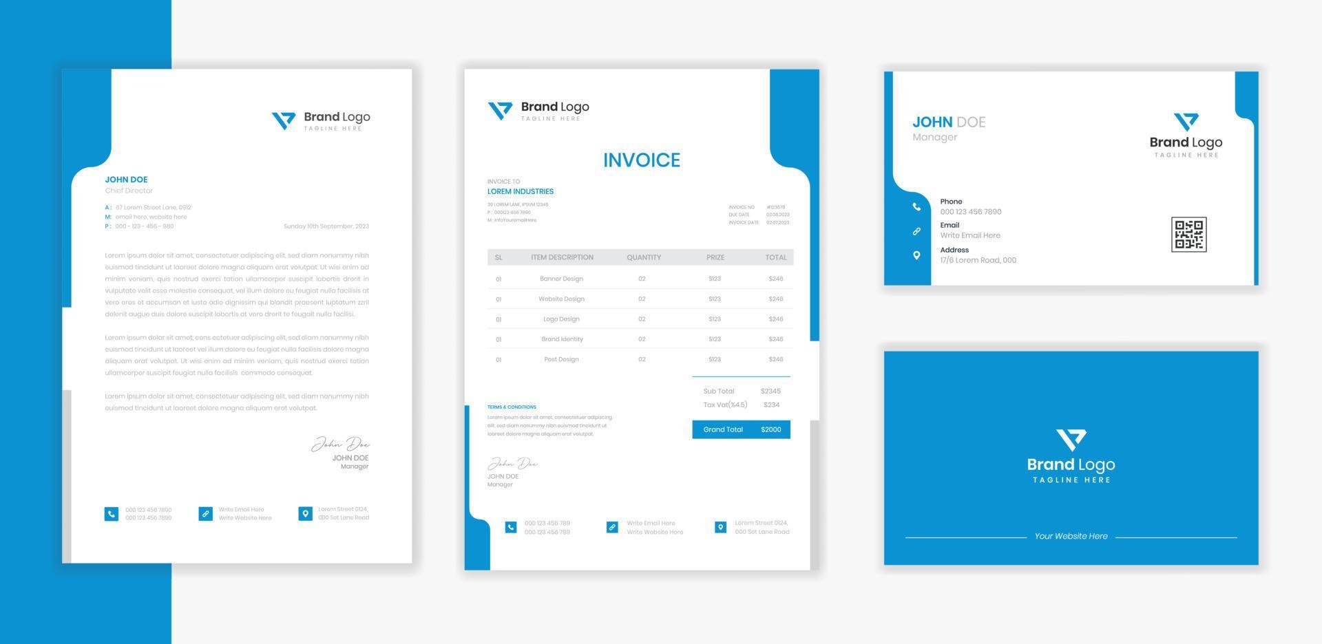 conception de papeterie d'entreprise bleue sertie de papier à en-tête, facture et carte de visite vecteur