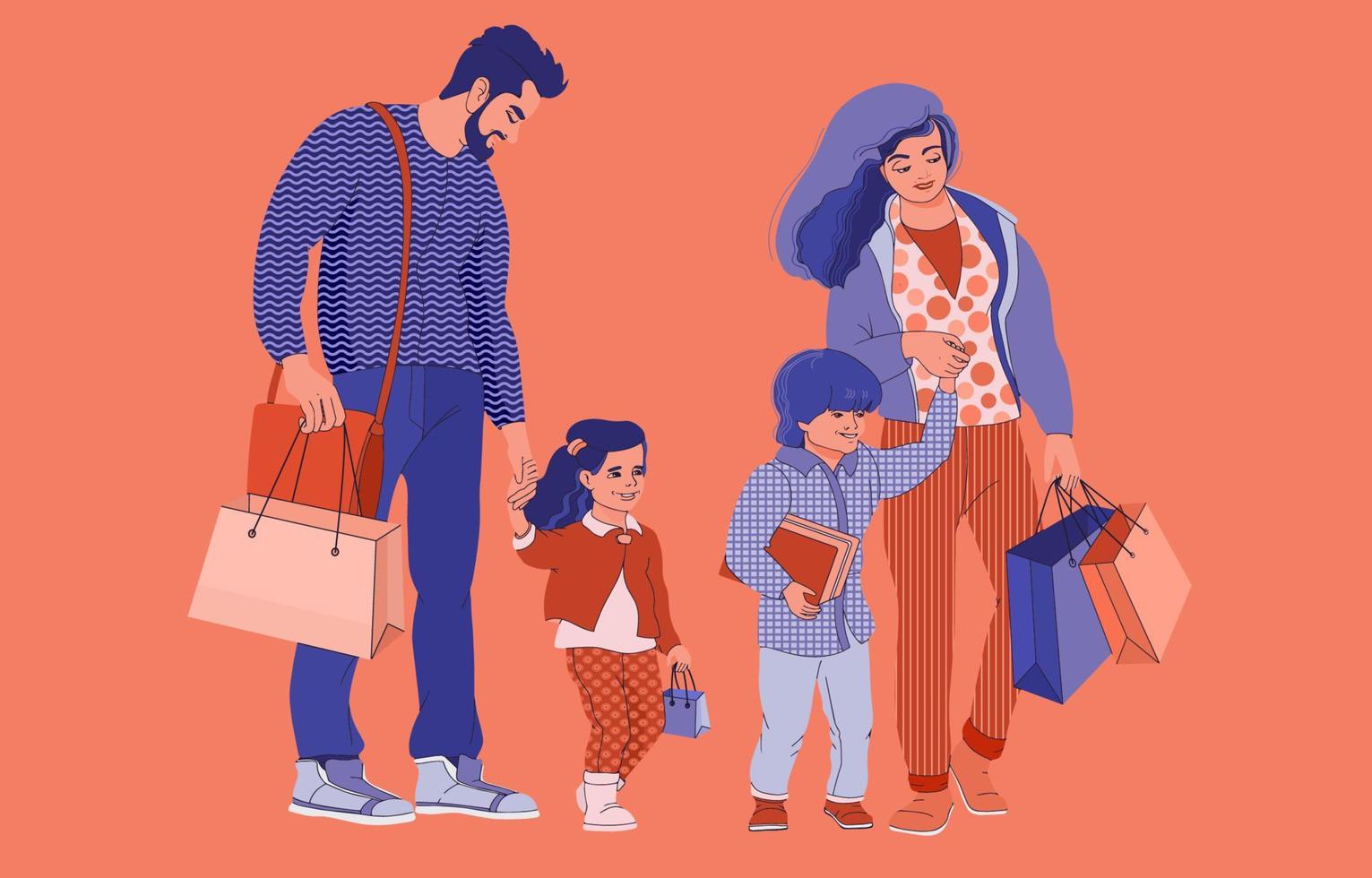 les gens avec des enfants qui font du shopping. mère, père, fils, fille. vecteur. vecteur