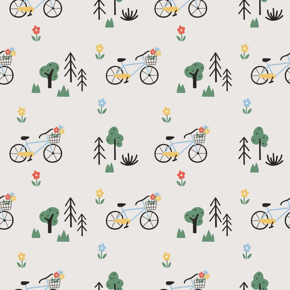 modèle sans couture avec vélos, fleurs et arbres sur fond gris clair. conception de style dessin animé mignon pour vêtements pour enfants, textile, papier d'emballage vecteur