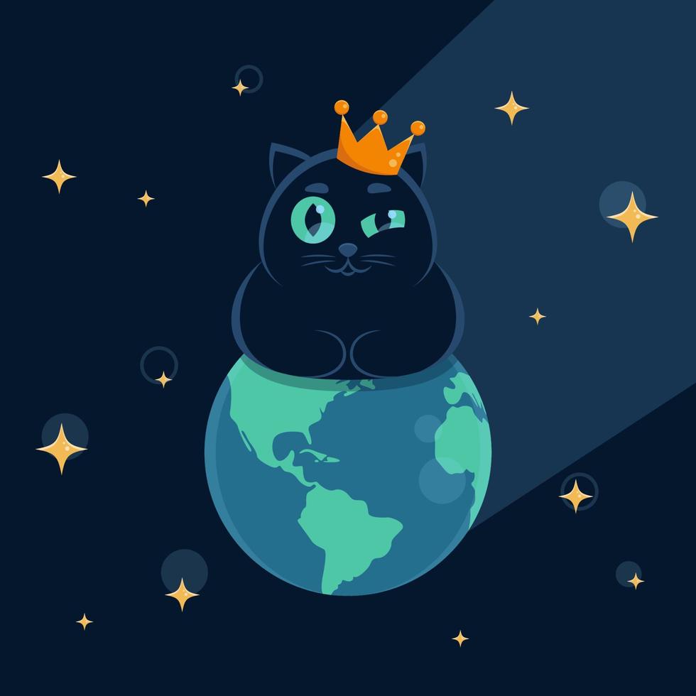 illustration vectorielle d'un chat noir avec une couronne sur la tête se trouve sur le globe vecteur