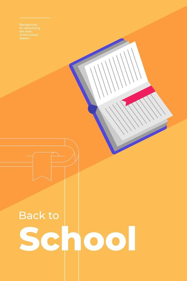 affiche verticale à la mode minimale de retour à l'école avec livre et texte. fond de publicité éducative de saison conception de flyer créatif de couleur orange. bannière eps plat simple vecteur minimaliste