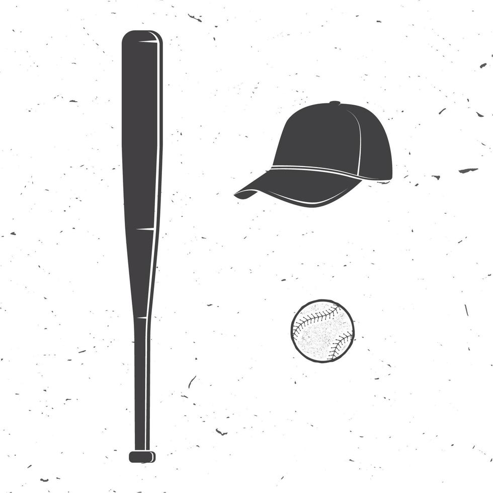 ensemble de casquette de baseball, balle, silhouette de chauve-souris pour emblèmes, logo et étiquettes. illustration vectorielle. vecteur