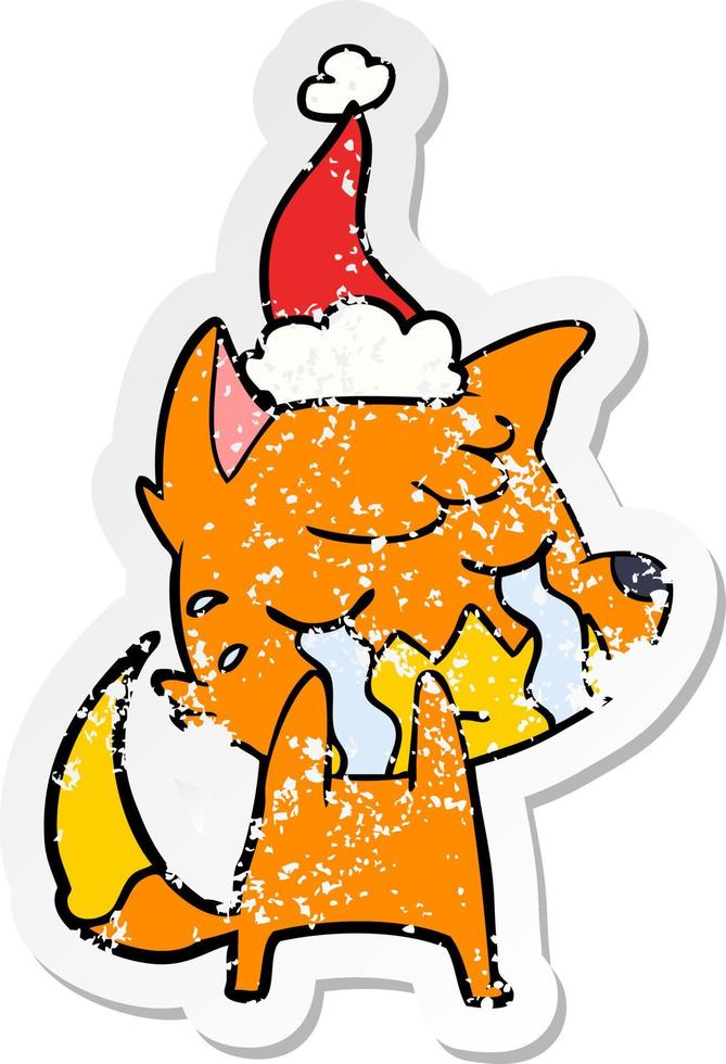 dessin animé d'autocollant en détresse de renard qui pleure d'un bonnet de noel vecteur