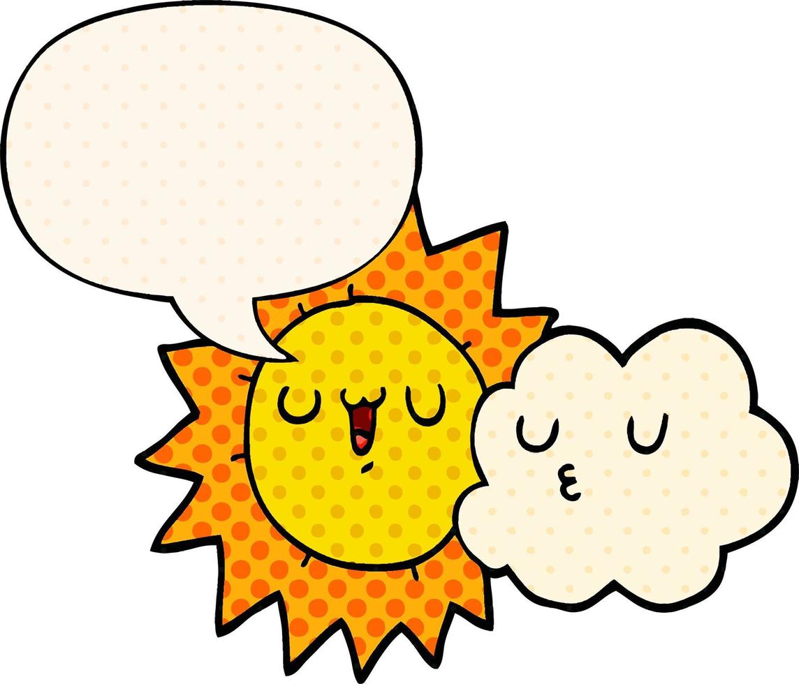 dessin animé soleil et nuage et bulle de dialogue dans le style de la bande dessinée vecteur