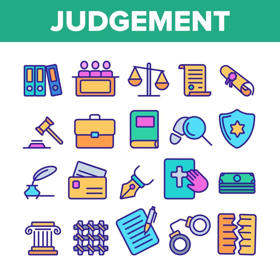 jugement, jeu d'icônes de ligne de couleur vectorielle de processus judiciaire vecteur