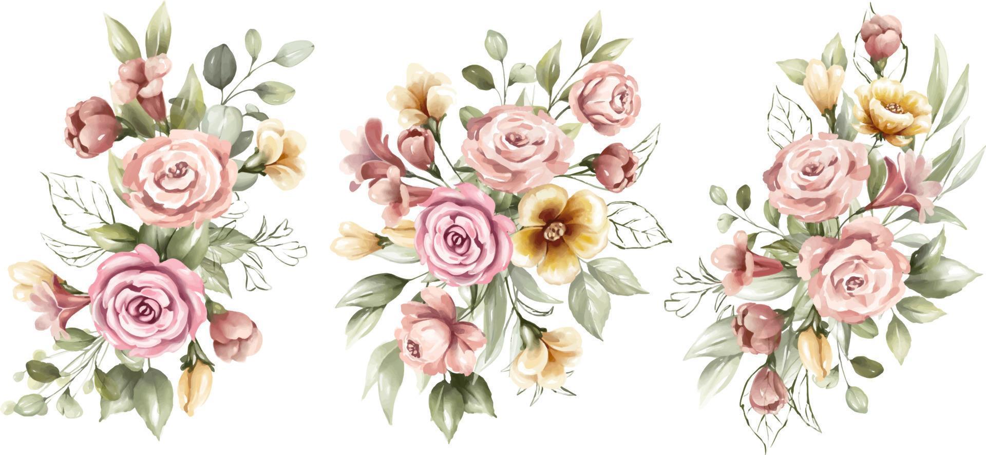 ensemble de bouquets de cadre floral aquarelle de belles fleurs vecteur