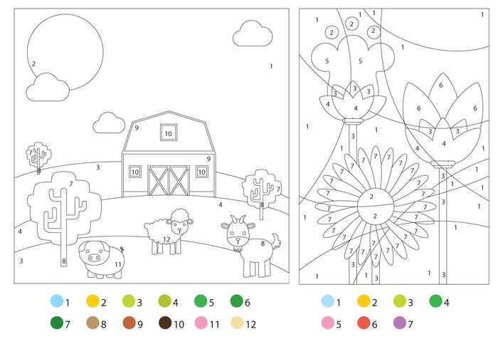 Pages de coloriage avec des guides de couleurs vecteur