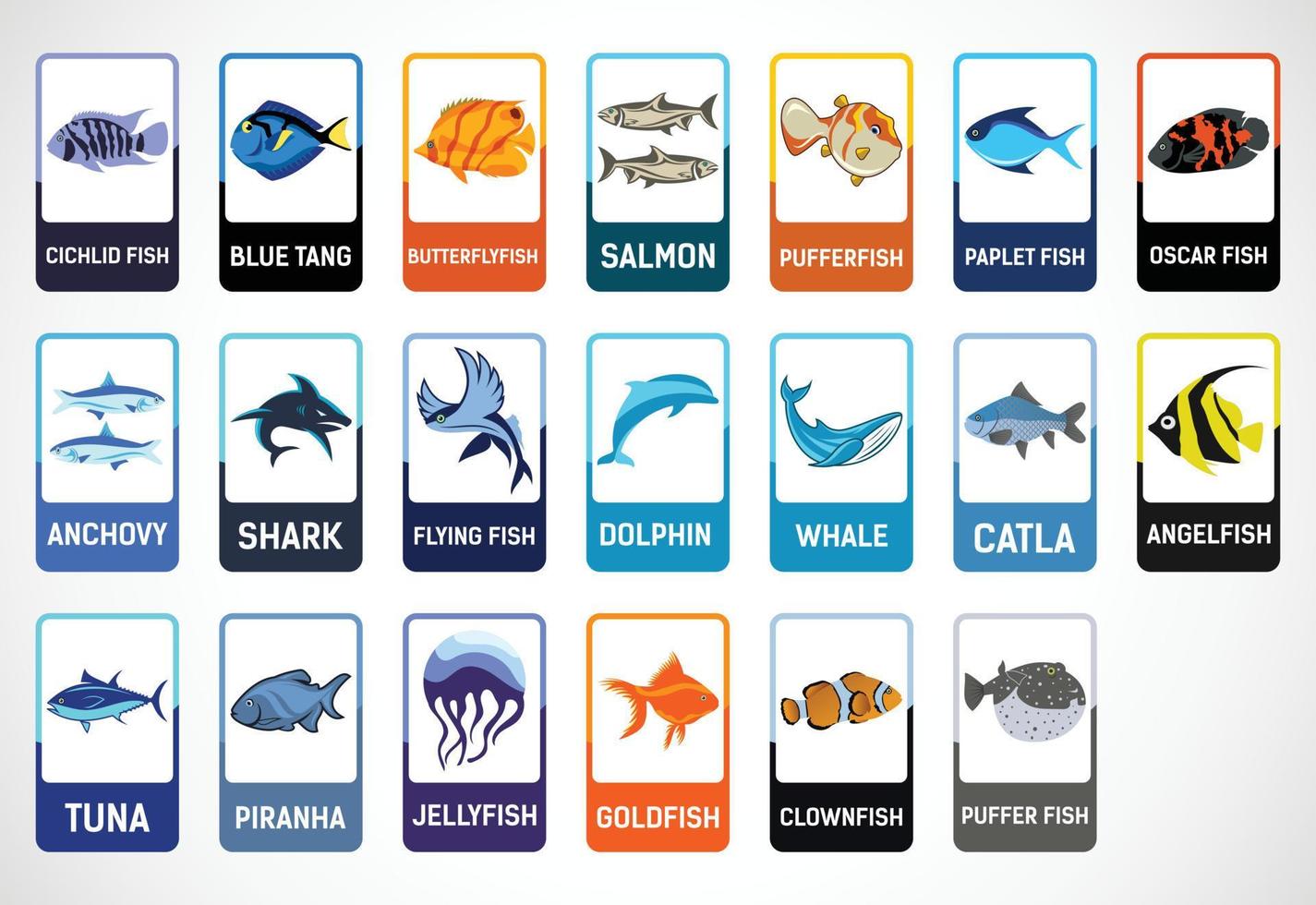 flashcards de poisson pour les enfants. cartes éducatives pour le préscolaire. illustration vectorielle imprimable vecteur