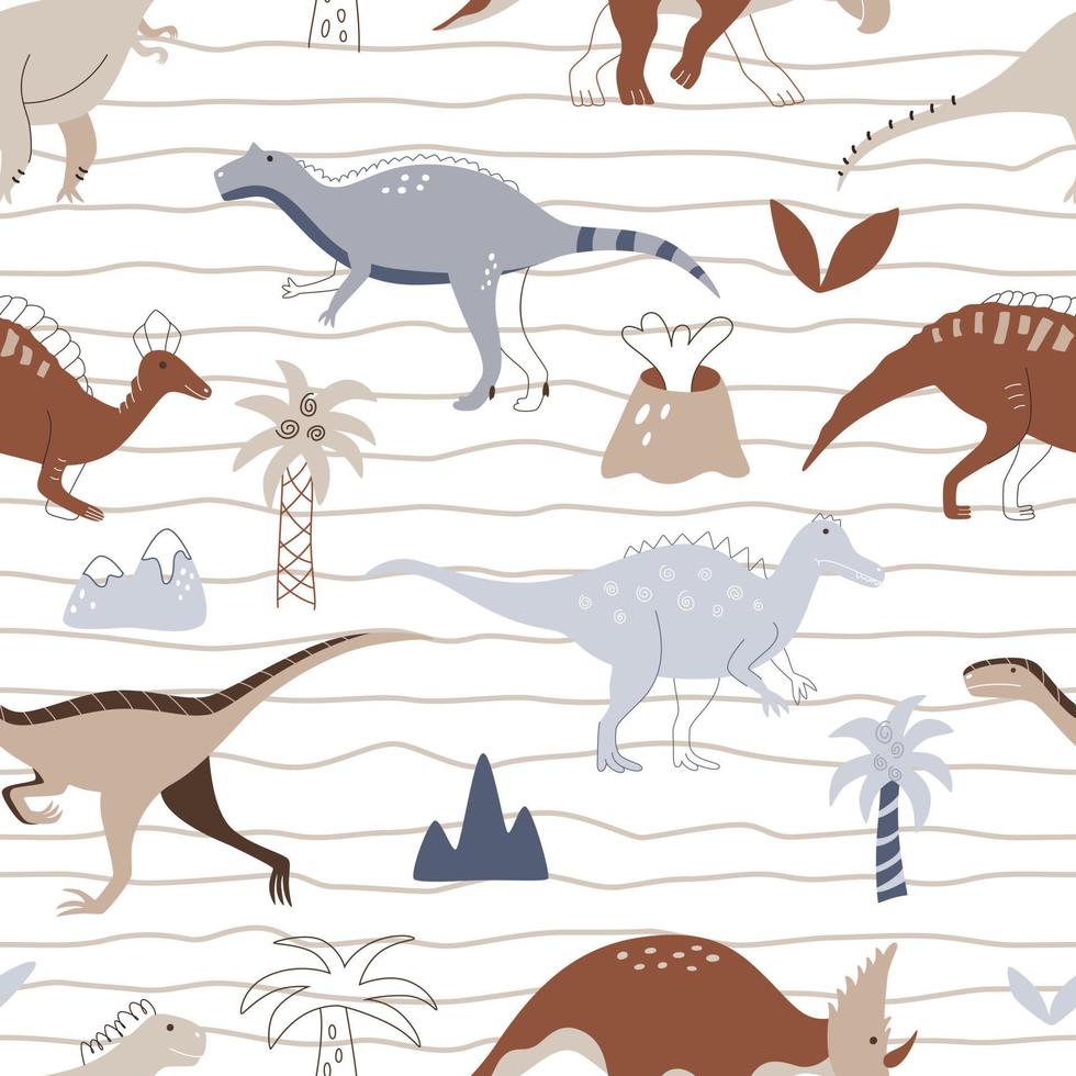 modèle sans couture enfantin avec des dinosaures dessinés à la main, des palmiers et des volcans dans un style scandinave. fond enfantin de vecteur créatif pour tissu, textile