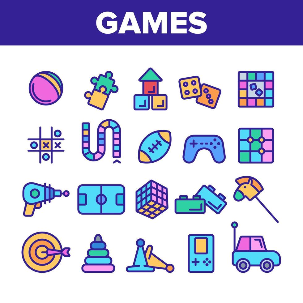 jeu d'icônes vectorielles de jeux pour enfants couleur fine ligne vecteur