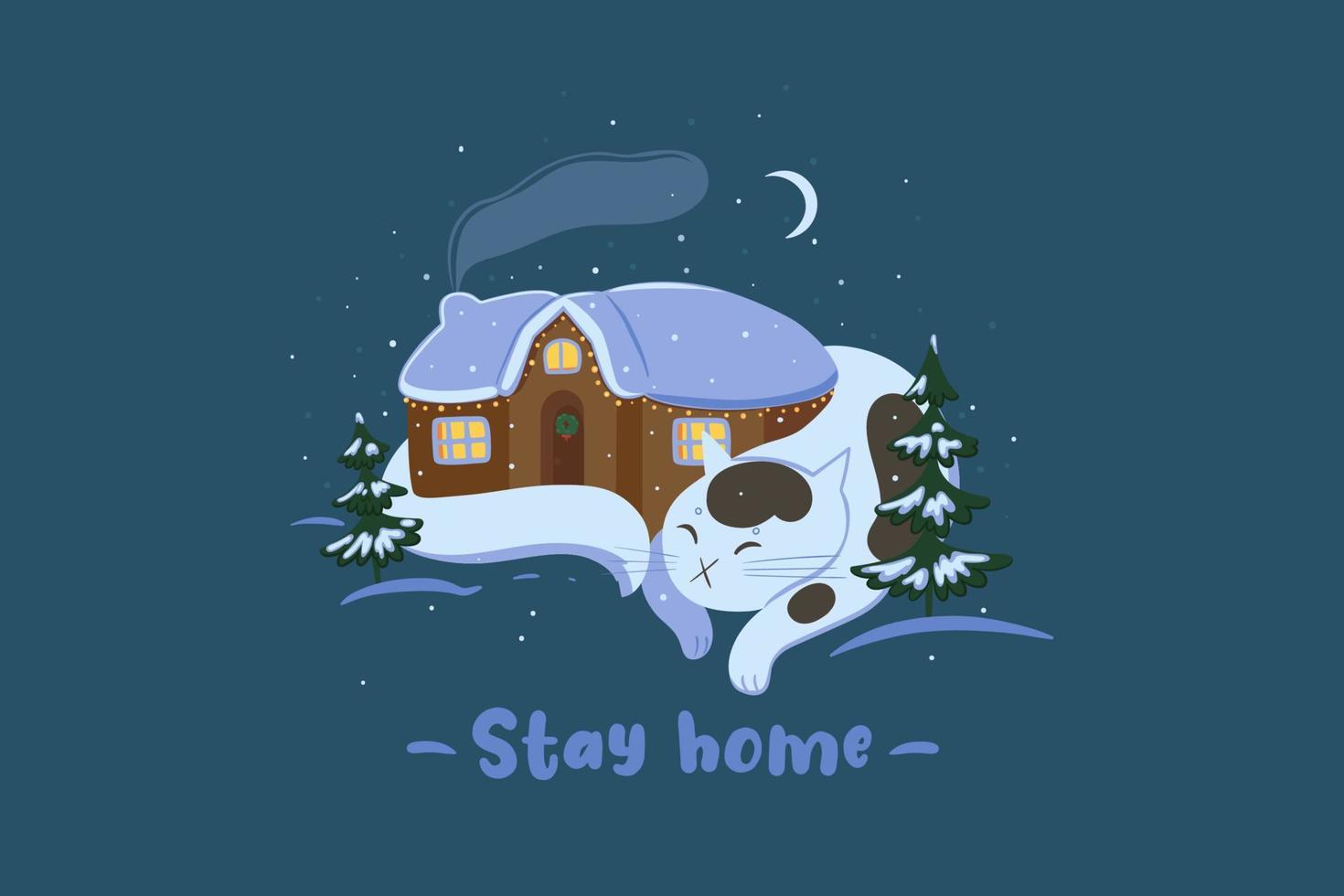 Bonjour l'hiver. photo d'hiver avec un chat endormi et une maison. graphiques vectoriels. vecteur