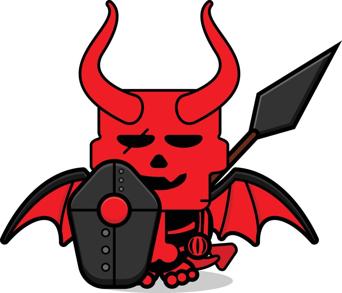 personnage de mascotte de diable rouge de crâne mignon de vecteur de dessin animé tenant la lance et le bouclier