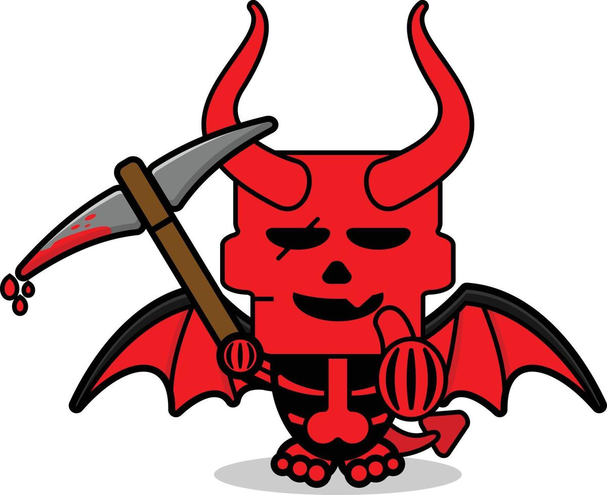 personnage de mascotte de diable rouge de crâne mignon de vecteur de dessin animé tenant une pioche sanglante