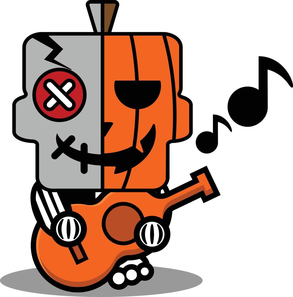 vecteur dessin animé mignon mascotte crâne personnage poupée vaudou citrouille jouant de la guitare
