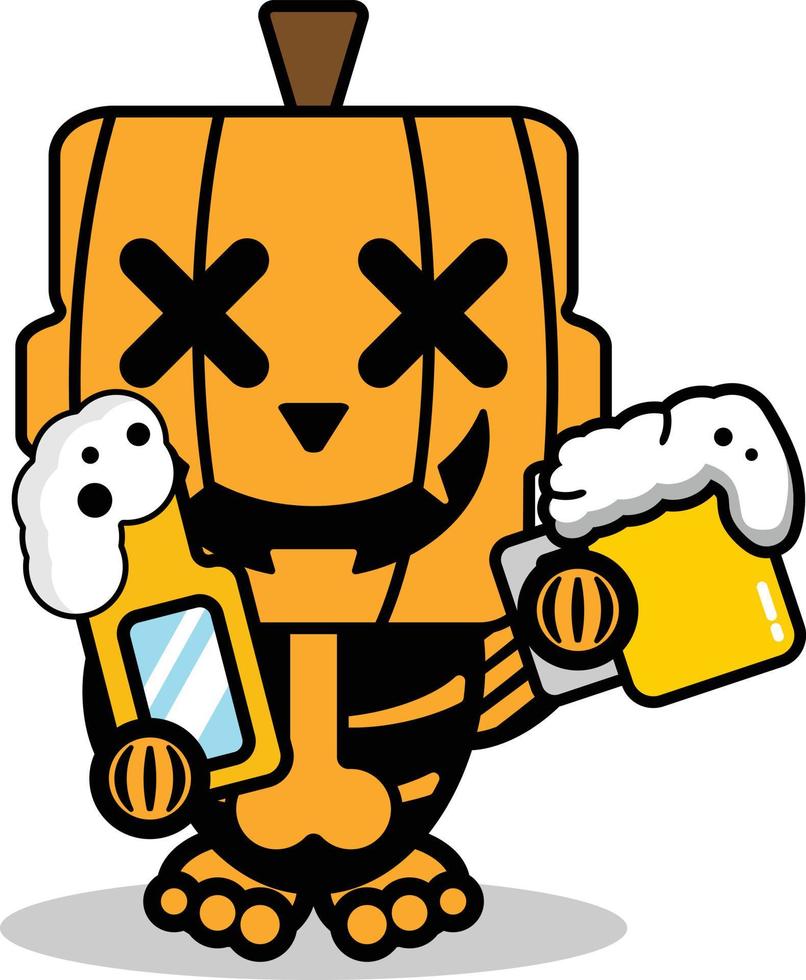 vecteur dessin animé citrouille mascotte personnage halloween crâne mignon boire de la bière