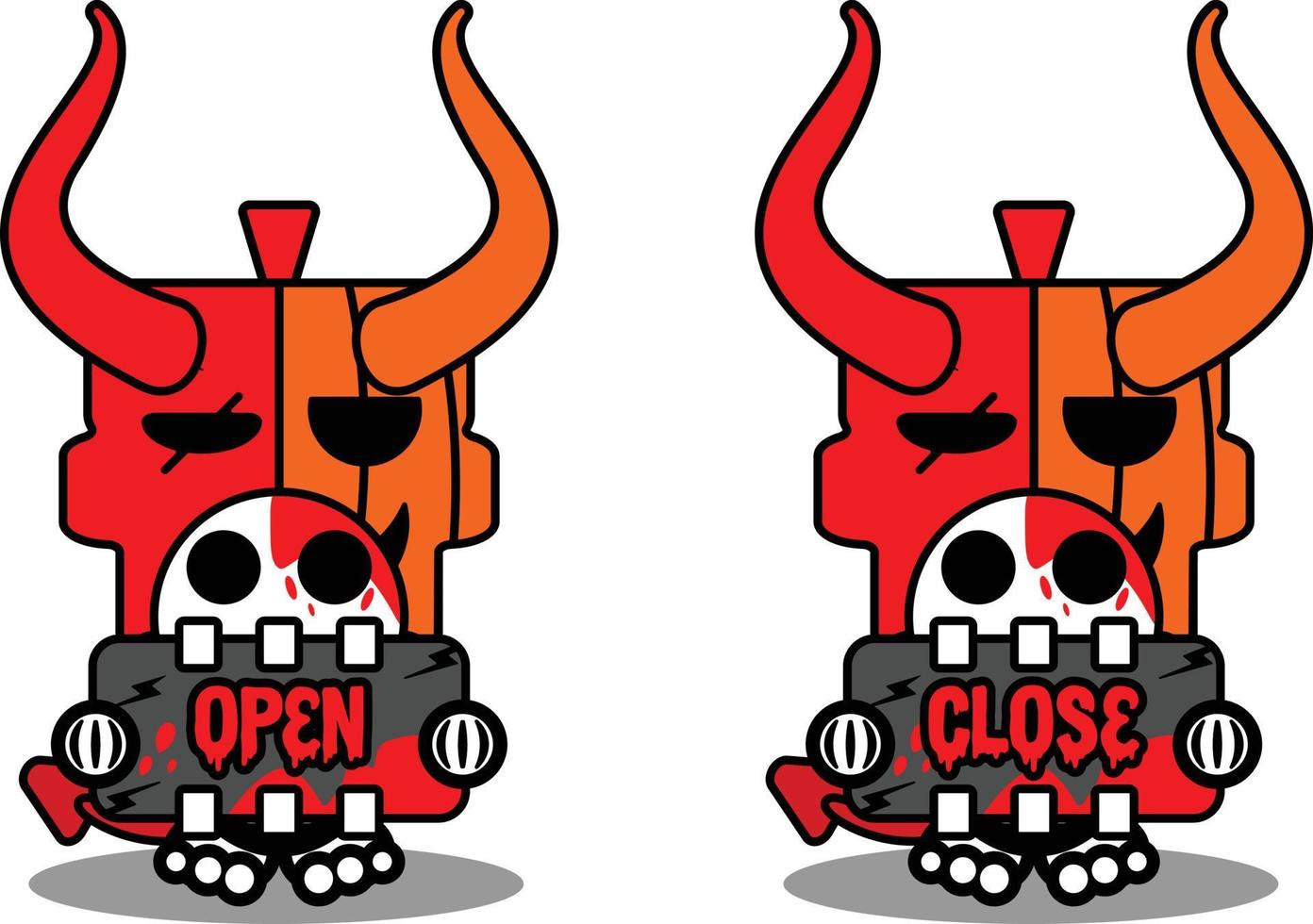 vecteur dessin animé mignon mascotte crâne citrouille diable personnage rouge tenant un panneau fermé ouvert