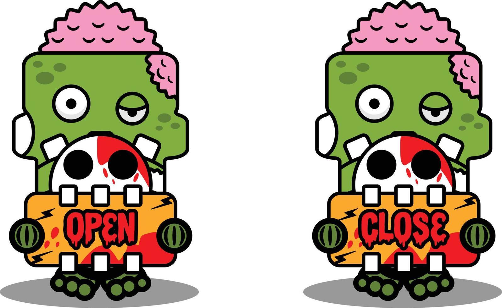 dessin animé vecteur mascotte halloween zombie crâne vert mignon personnage tenant ouvert fermer planche