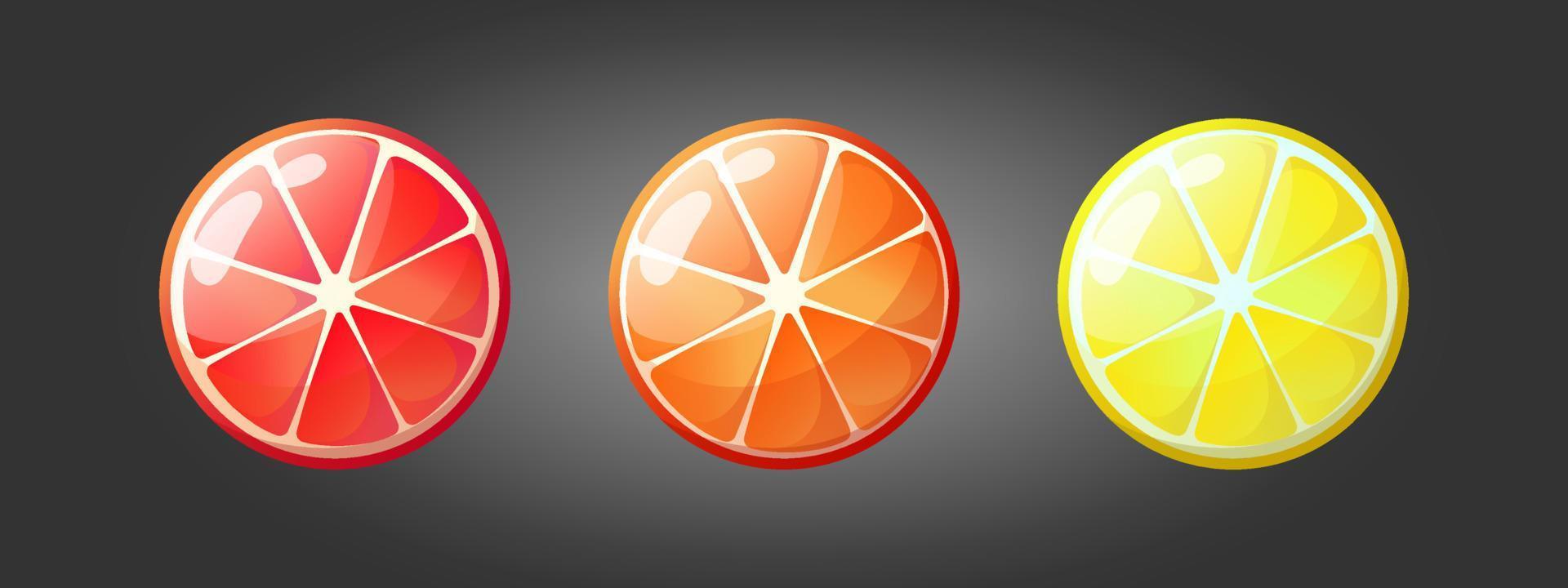 orange, citron, pamplemousse en style cartoon. pour les jeux vecteur