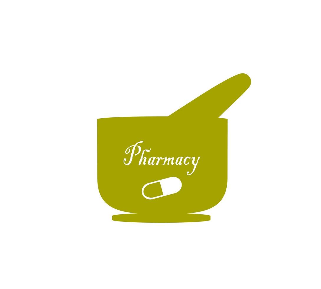 conception vectorielle de mortier et pilon pharmacie couleur vert olive sur fond blanc. avec, capsule, signe de pharmacie. vecteur