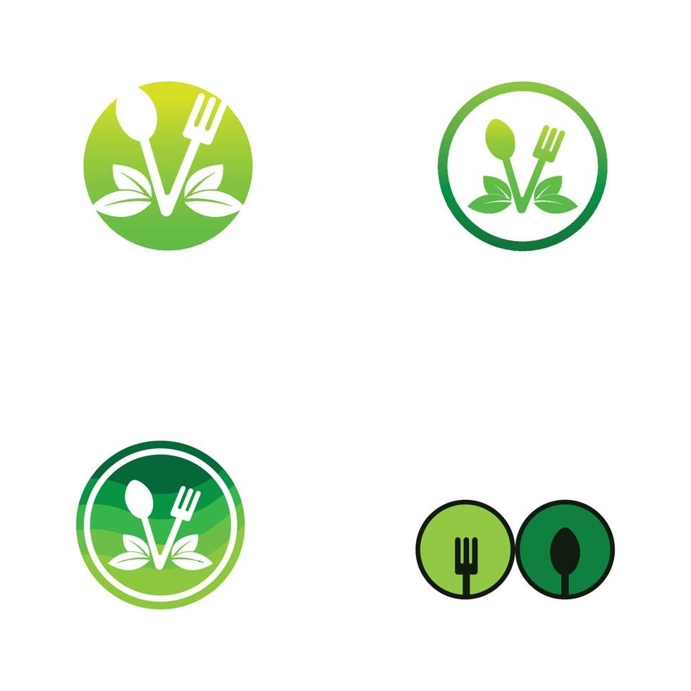 logo d'aliments santé, avec feuilles, cuillère et fourchette. vecteur