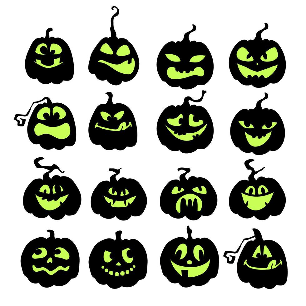 citrouilles d'halloween effrayantes et drôles. silhouettes noires de citrouilles aux visages verts. illustration vectorielle de stock d'une lanterne jack sur fond blanc. vecteur