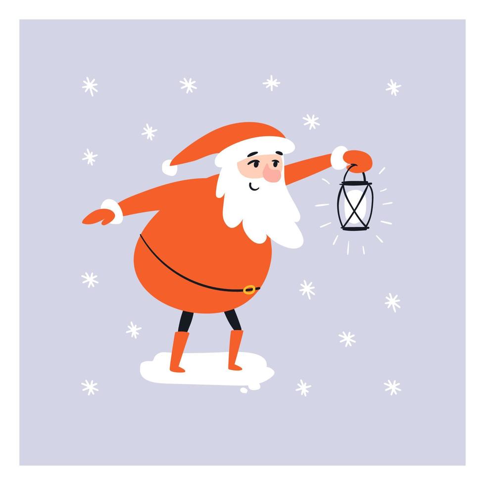 dessin animé santa tenant une lanterne à la main sous la neige. le joyeux père noël illumine son chemin avec une lanterne lumineuse. illustration vectorielle de Noël isolée. vecteur