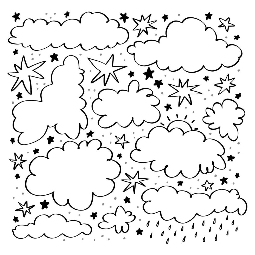 Doodle nuages et étoiles. ensemble d'images vectorielles de nuages de doodle dessinés à la main de différentes formes et tailles. collection de diverses bulles et étoiles isolées sur fond blanc. vecteur