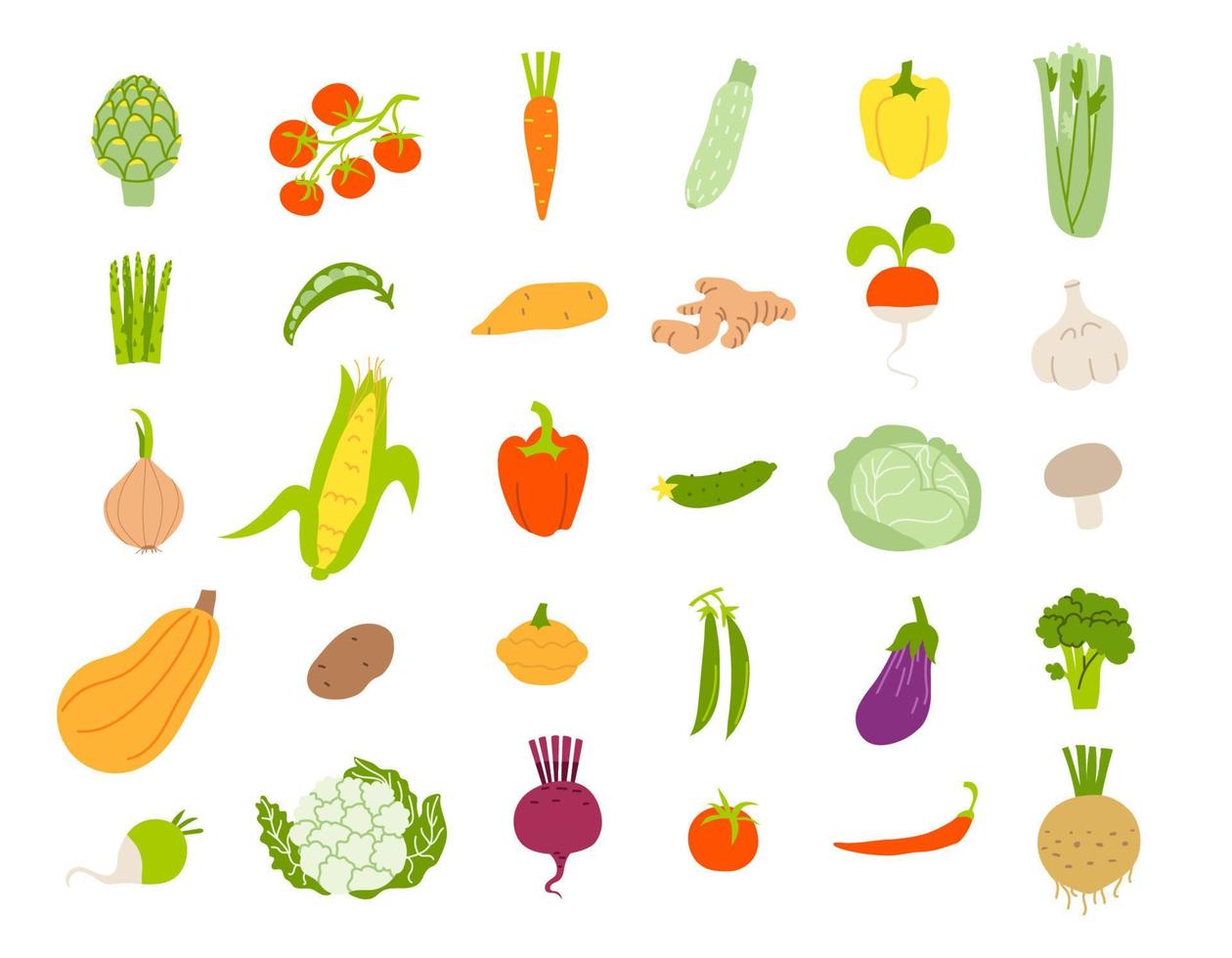 jeu de dessin animé de légumes isolés. illustration vectorielle stock de différents légumes sains. plantes comestibles dans un style plat sur fond blanc. vecteur
