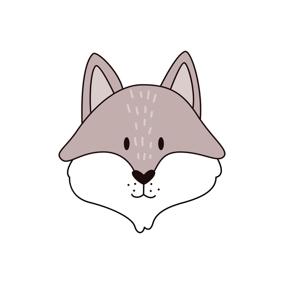 tête de loup gris de dessin animé isolée. illustration vectorielle colorée d'une tête de loup avec un contour sur fond blanc. jolie illustration d'un animal prédateur. vecteur