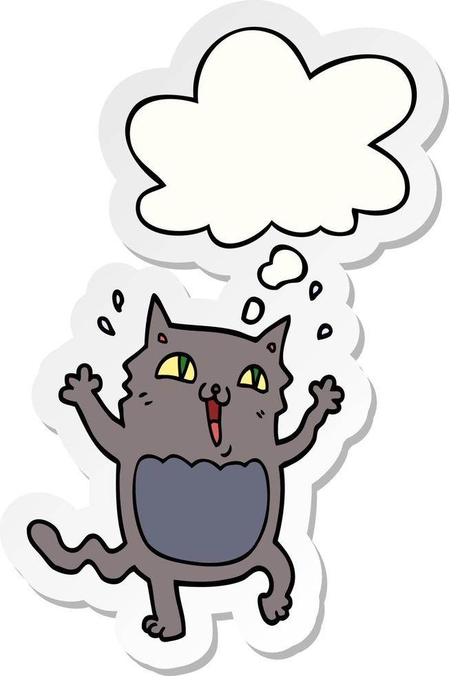 chat excité fou de dessin animé et bulle de pensée comme autocollant imprimé vecteur
