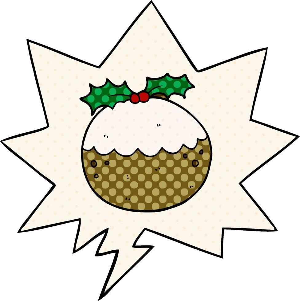 pudding de noël de dessin animé et bulle de dialogue dans le style de la bande dessinée vecteur