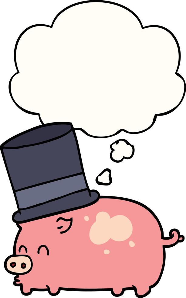 dessin animé cochon portant chapeau haut de forme et bulle de pensée vecteur