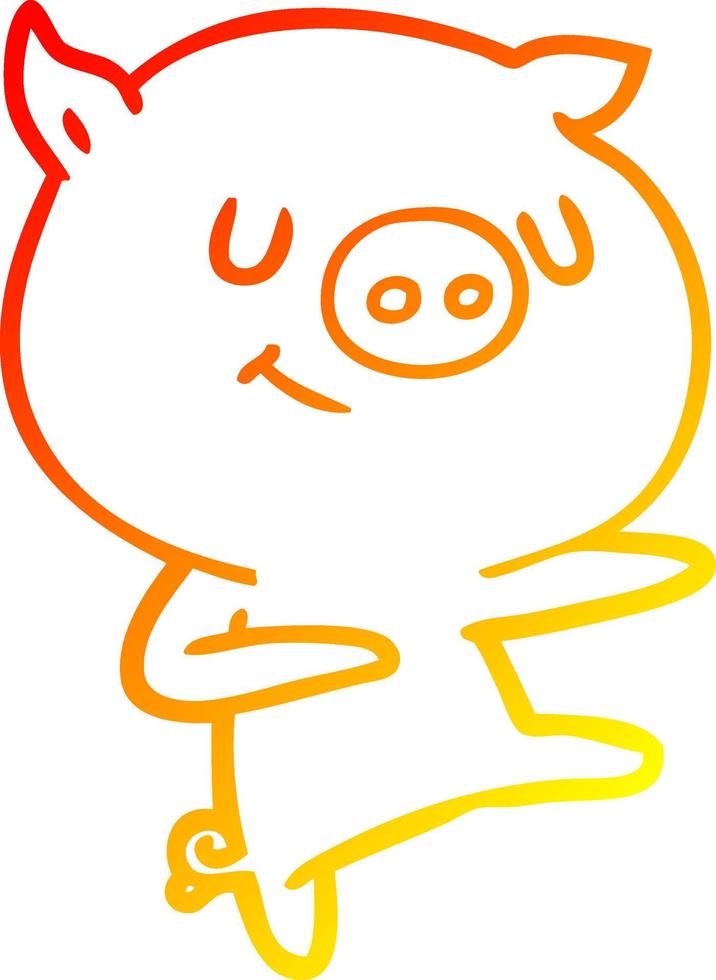 ligne de gradient chaud dessinant un cochon de dessin animé heureux dansant vecteur