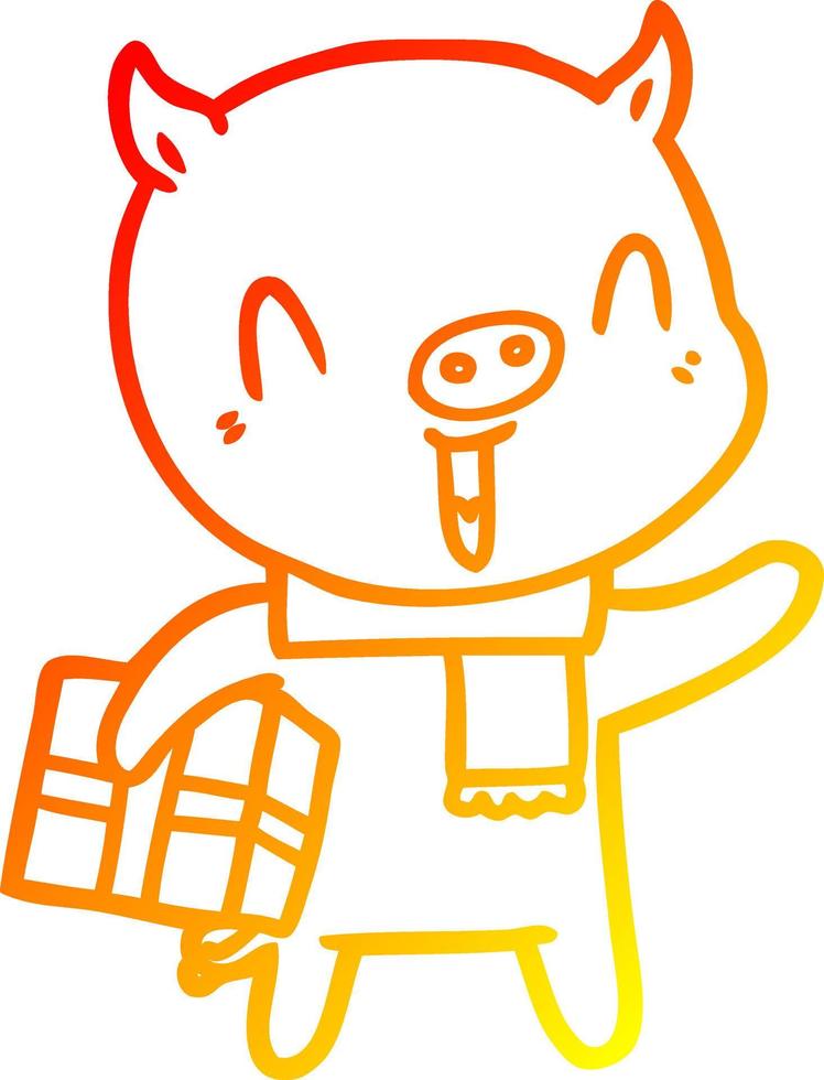 ligne de gradient chaud dessinant un cochon de dessin animé heureux avec un cadeau de noël vecteur