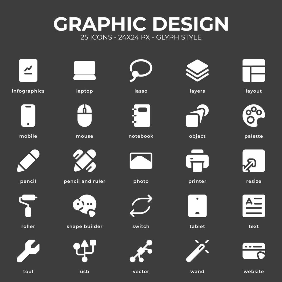 pack d'icônes de conception graphique avec couleur noire vecteur